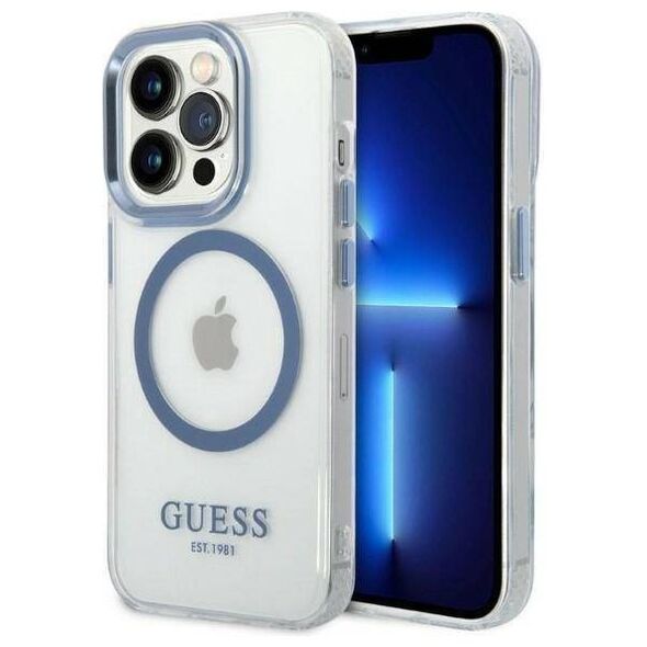 Original Case IPHONE 14 PRO Guess Hard Case Metal Outline Magsafe (GUHMP14LHTRMB) blue 3666339069803