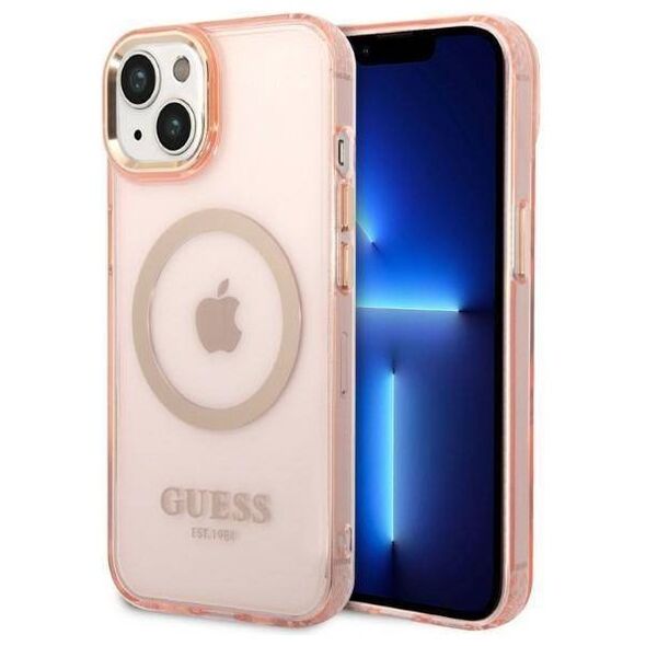 Original Case IPHONE 14 Guess Hard Case Gold Outline Translucent MagSafe (GUHMP14SHTCMP) pink 3666339069667