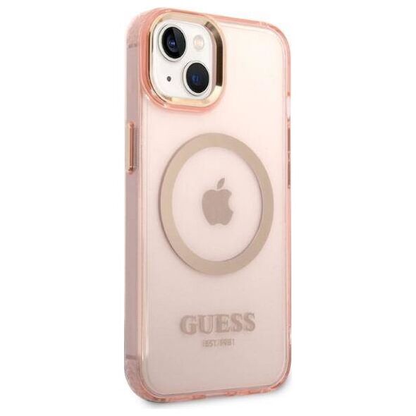 Original Case IPHONE 14 Guess Hard Case Gold Outline Translucent MagSafe (GUHMP14SHTCMP) pink 3666339069667