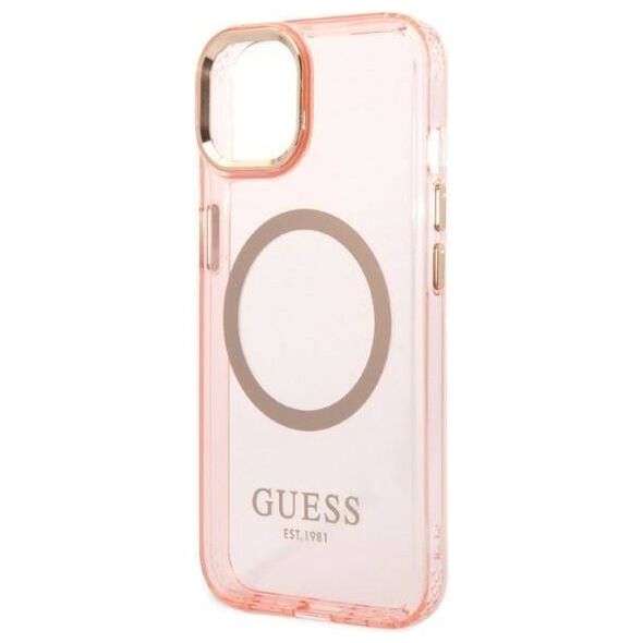 Original Case IPHONE 14 Guess Hard Case Gold Outline Translucent MagSafe (GUHMP14SHTCMP) pink 3666339069667