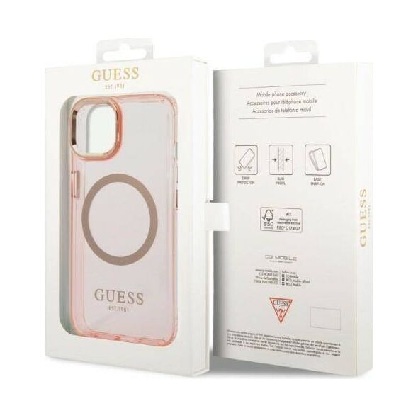 Original Case IPHONE 14 Guess Hard Case Gold Outline Translucent MagSafe (GUHMP14SHTCMP) pink 3666339069667