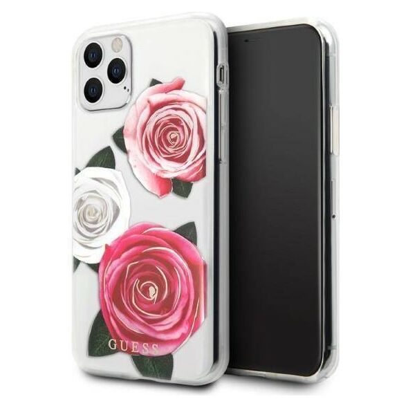 Original Case IPHONE 11 PRO Guess Hardcase Flower Desire Pink & White Rose transparent 3700740474204