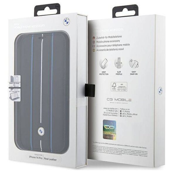 Original Case IPHONE 14 PRO BMW Bookcase Leather Stamp Blue Lines (BMBKP14L22RVSK) black 3666339097097