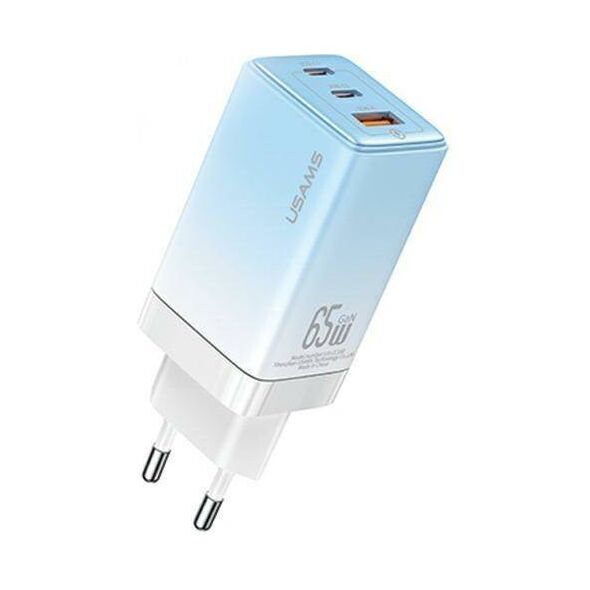 Wall Charger USAMS 2xUSB-C+1xUSB 65W (only head) GaN PD3.0 +QC3.0 Fast Charging gradient blue Sandru Series CC180TC04 (US-CC180) 6958444905198