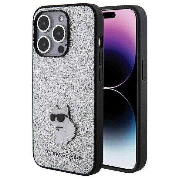 Original Case APPLE IPHONE 15 PRO MAX Karl Lagerfeld Hardcase Fixed Glitter Choupette Logo Metal Pin (KLHCP15XGCNPSG) silver 3666339165307