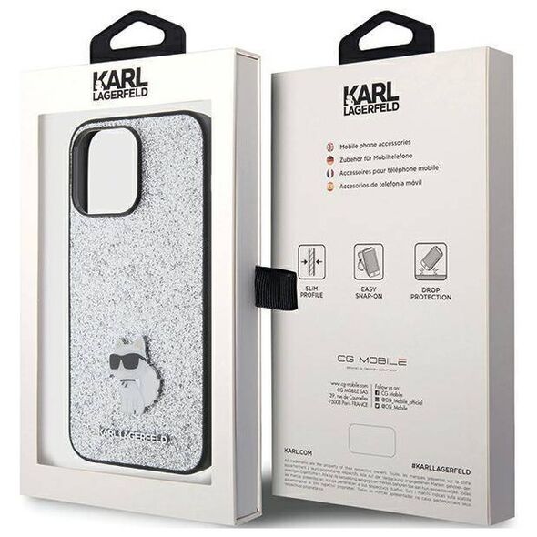 Original Case APPLE IPHONE 15 PRO MAX Karl Lagerfeld Hardcase Fixed Glitter Choupette Logo Metal Pin (KLHCP15XGCNPSG) silver 3666339165307