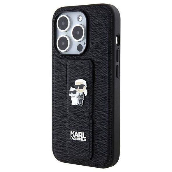 Original Case APPLE IPHONE 15 PRO MAX Karl Lagerfeld Hardcase Gripstand Saffiano Karl&Choupette Pins (KLHCP15XGSAKCPK) black 3666339206901