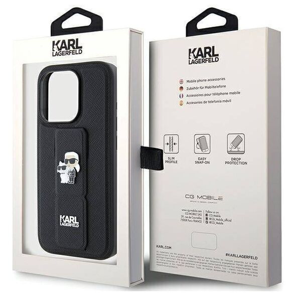 Original Case APPLE IPHONE 15 PRO MAX Karl Lagerfeld Hardcase Gripstand Saffiano Karl&Choupette Pins (KLHCP15XGSAKCPK) black 3666339206901