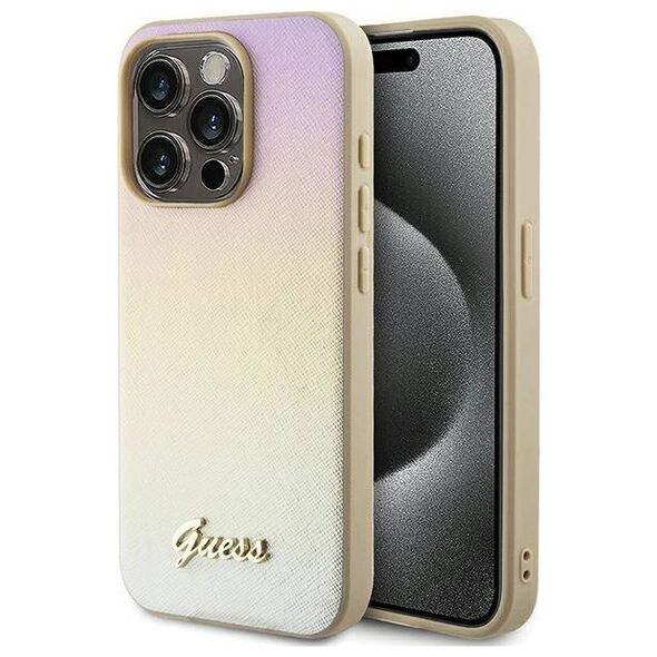 Original Case APPLE IPHONE 15 PRO Guess Hardcase Saffiano Iridescent Script (GUHCP15LPSAIRSD) gold 3666339225087