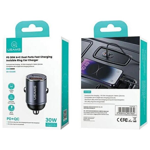 Car Charger 30W PD USB-C + USB Fas Charge With Built-In Ring USAMS C38 CC206CC01 (US-CC206) purple 6958444907949