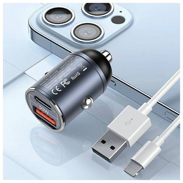 Car Charger 30W PD USB-C + USB Fas Charge With Built-In Ring USAMS C38 CC206CC01 (US-CC206) purple 6958444907949