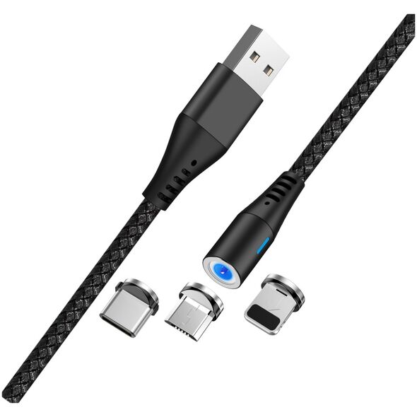 Maxlife MXUC-02 magnetic cable USB - Lightning + USB-C + microUSB 1,0 m 2A black nylon 5900495828750