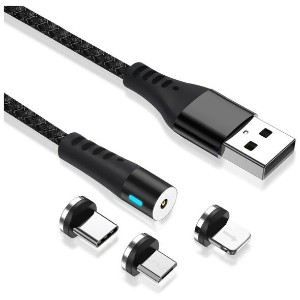 Maxlife MXUC-02 magnetic cable USB - Lightning + USB-C + microUSB 1,0 m 2A black nylon 5900495828750