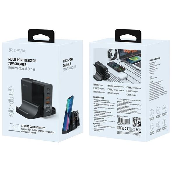 Devia wall charger Extreme PD QC 3.0 75W 2x USB-C 4x USB black 6938595359446