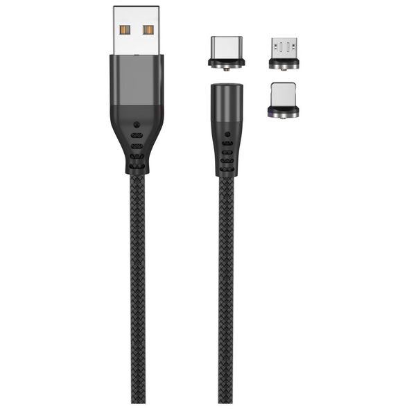 Maxlife MXUC-02 magnetic cable USB - Lightning + USB-C + microUSB 1,0 m 2A black nylon 5900495828750