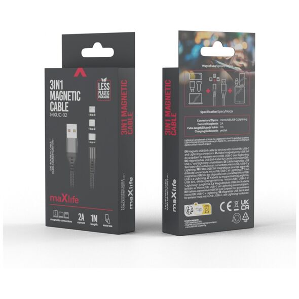 Maxlife MXUC-02 magnetic cable USB - Lightning + USB-C + microUSB 1,0 m 2A black nylon 5900495828750