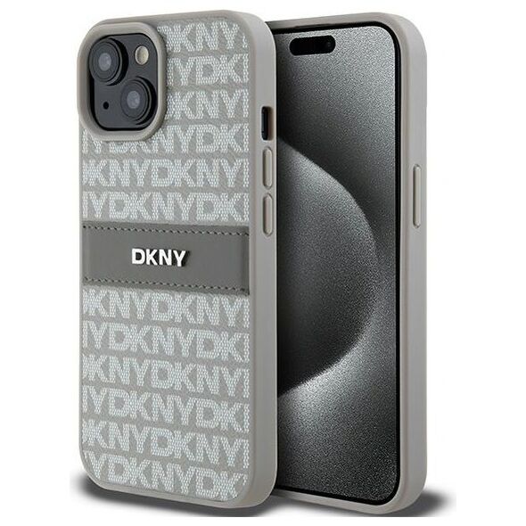 DKNY case for iPhone 15 Plus 6,7&quot; DKHCP15MPRTHSLE beige HC PU repeat texture pattern w tonal stripe 3666339260545