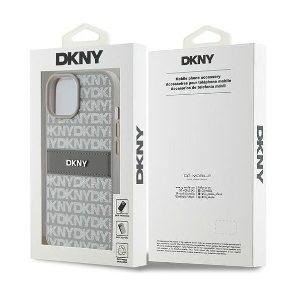 DKNY case for iPhone 15 Plus 6,7&quot; DKHCP15MPRTHSLE beige HC PU repeat texture pattern w tonal stripe 3666339260545