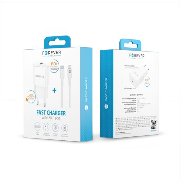 Forever TC-01-20AC PD QC charger 1x USB-C 1x USB 20W white + USB-C - Lightning cable 20W 5907457738577