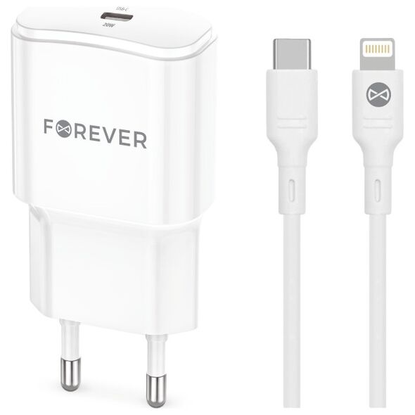 Forever TC-01-20AC PD QC charger 1x USB-C 1x USB 20W white + USB-C - Lightning cable 20W 5907457738577