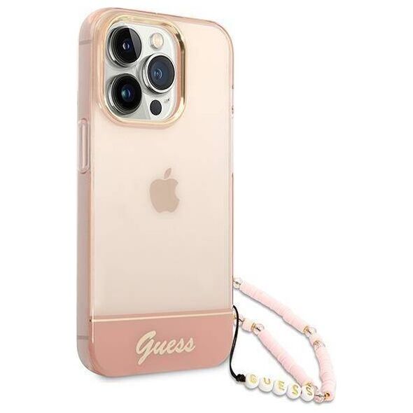 Original Case IPHONE 14 PRO MAX Guess Hardcase Translucent Pearl Strap pink 3666339064310