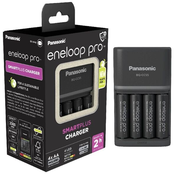 Panasonic Eneloop Pro Smart Plus BQ-CC55 Φορτιστής 4 Μπαταριών Ni-MH Μεγέθους AA/AAA Σετ με 4x AA 2500mAh (39230434) (PAN39230434) έως 12 άτοκες Δόσεις