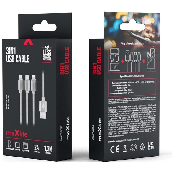 Maxlife 3in1 cable USB - Lightning + USB-C + microUSB 1,0 m 2,1A grey nylon 5900495796172
