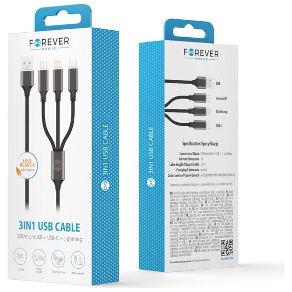 Forever 3in1 cable USB - Lightning + USB-C + microUSB 1,2 m 2A black 5900495900210
