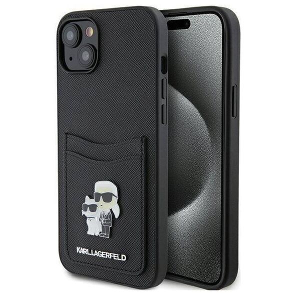Original Case APPLE IPHONE 15 Karl Lagerfeld Hardcase Saffiano Cardslot Karl&Choupette Metal Pin (KLHCP15SSAPKCNPK) black 3666339165512