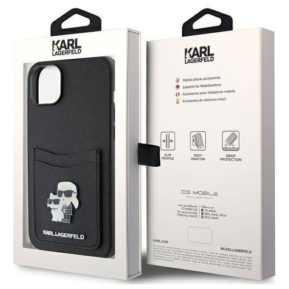 Original Case APPLE IPHONE 15 Karl Lagerfeld Hardcase Saffiano Cardslot Karl&Choupette Metal Pin (KLHCP15SSAPKCNPK) black 3666339165512