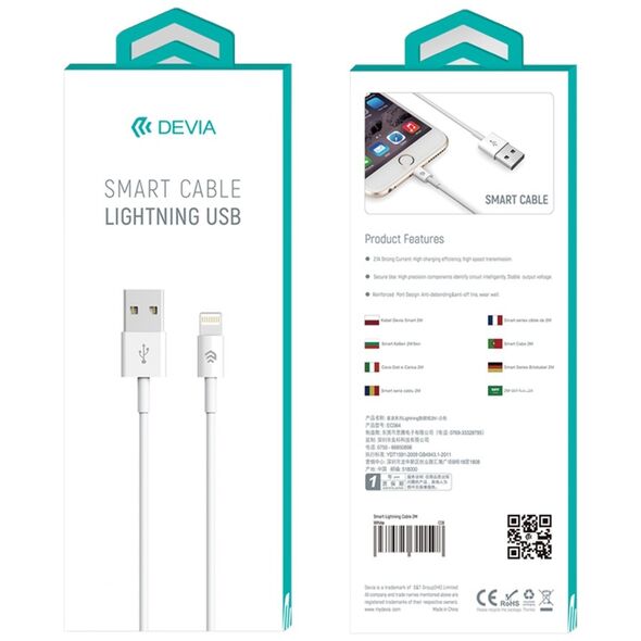 Devia cable Smart EC080 USB - Lightning 1,0 m 2,1A white 6952897986650