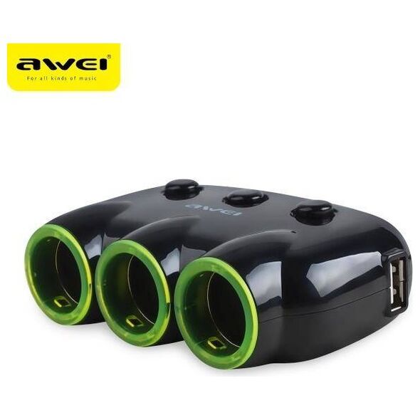 Car Splitter 3 Cigarette Lighter Sockets 12V + 2 USB Splitter AWEI (C-35) black 6954284045353