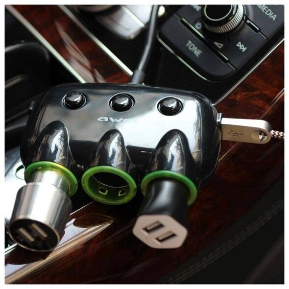 Car Splitter 3 Cigarette Lighter Sockets 12V + 2 USB Splitter AWEI (C-35) black 6954284045353