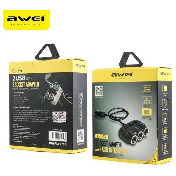 Car Splitter 3 Cigarette Lighter Sockets 12V + 2 USB Splitter AWEI (C-35) black 6954284045353
