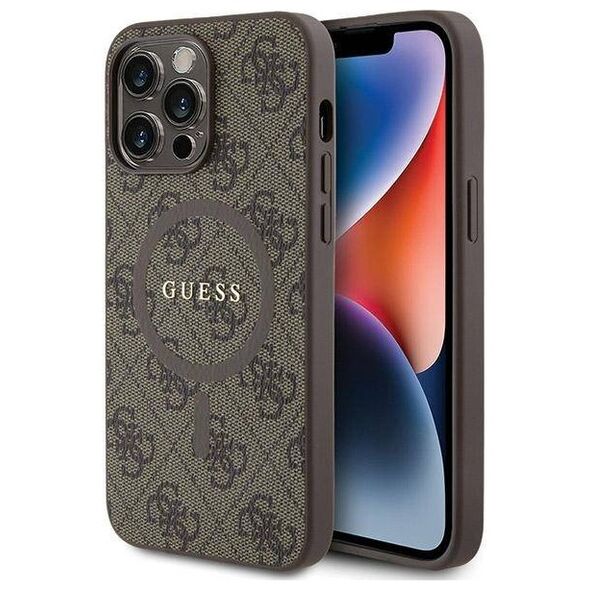 Original Case APPLE IPHONE 15 PRO Guess Hardcase 4G Collection Leather Metal Logo MagSafe (GUHMP15LG4GFRW) brown 3666339226480
