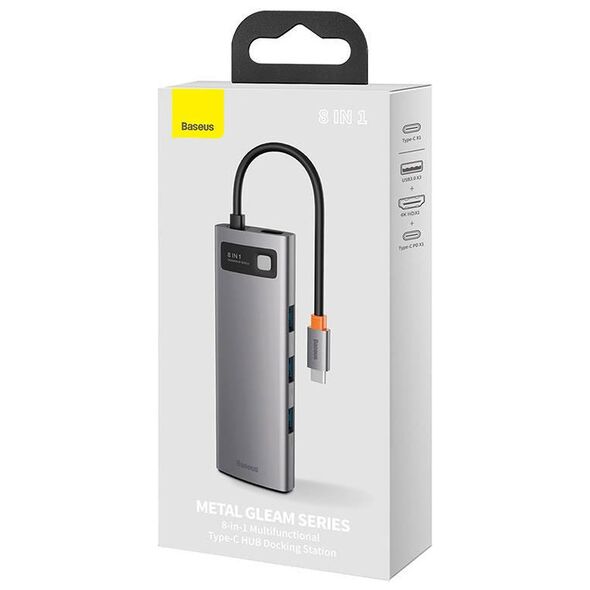 Hub 8in1 Baseus Metal Gleam Series, USB-C to 3x USB 3.0 + HDMI + USB-C PD + Ethernet RJ45 + microSD/SD 6953156204652