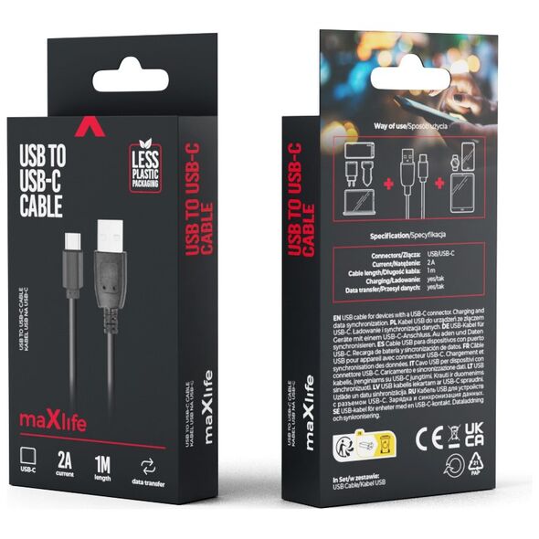Maxlife cable USB - USB-C 1,0 m 2A black 5900495796134