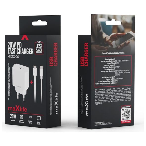 Maxlife MXTC-06-20C PD QC charger 1x USB-C 20W white + USB-C - USB-C cable 20W 5907457738393