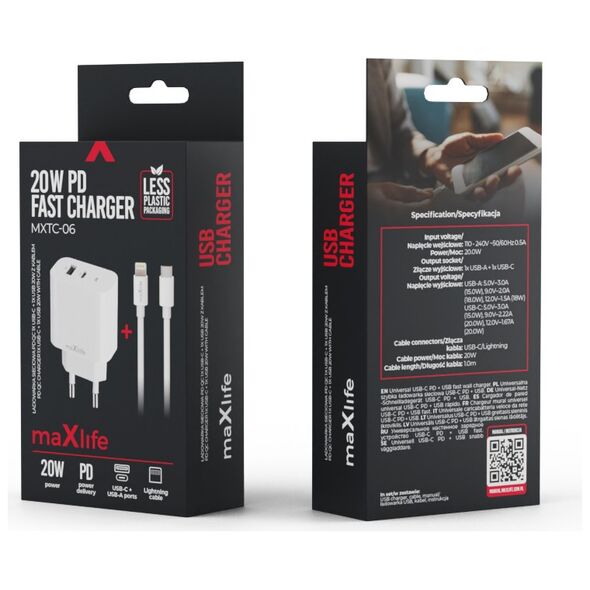Maxlife MXTC-06-20AC PD QC charger 1x USB-C 1x USB 20W white + USB-C - Lightning cable 20W 5907457738423