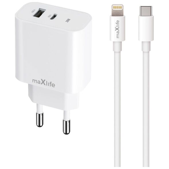Maxlife MXTC-06-20AC PD QC charger 1x USB-C 1x USB 20W white + USB-C - Lightning cable 20W 5907457738423