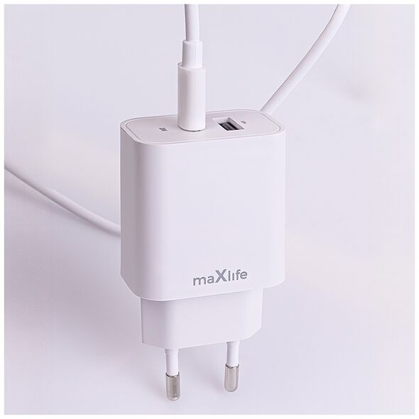 Maxlife MXTC-06-20AC PD QC charger 1x USB-C 1x USB 20W white + USB-C - USB-C cable 20W 5907457738409