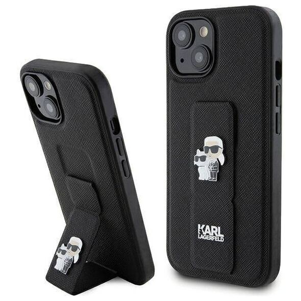 Original Case APPLE IPHONE 15 Karl Lagerfeld Hardcase Gripstand Saffiano Karl&Choupette Pins (KLHCP15SGSAKCPK) black 3666339206871