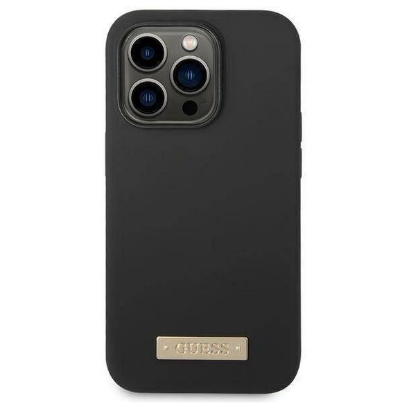 Original Case IPHONE 14 PRO Guess Hard Case Silicone Logo Plate MagSafe black 3666339070243