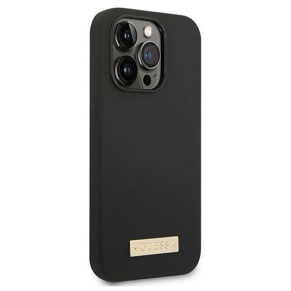 Original Case IPHONE 14 PRO Guess Hard Case Silicone Logo Plate MagSafe black 3666339070243