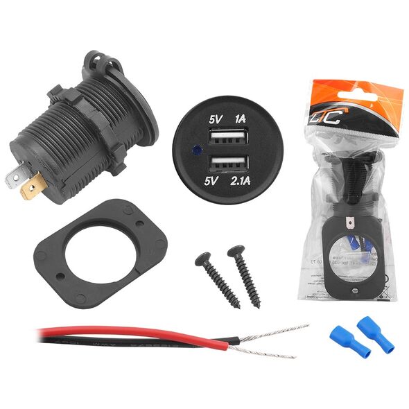 Recessed car charger with lid out: USB-A 5V/2,1A + USB-A 5v/1A, in:12V/24V 5902270717372