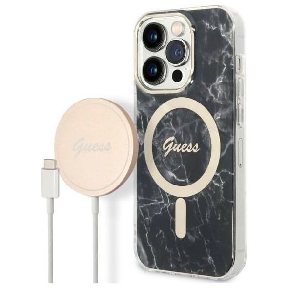 Guess set case + charger for iPhone 14 Pro Max 6,7&quot; GUBPP14XHMEACSK black hard case Marble MagSafe 3666339103149