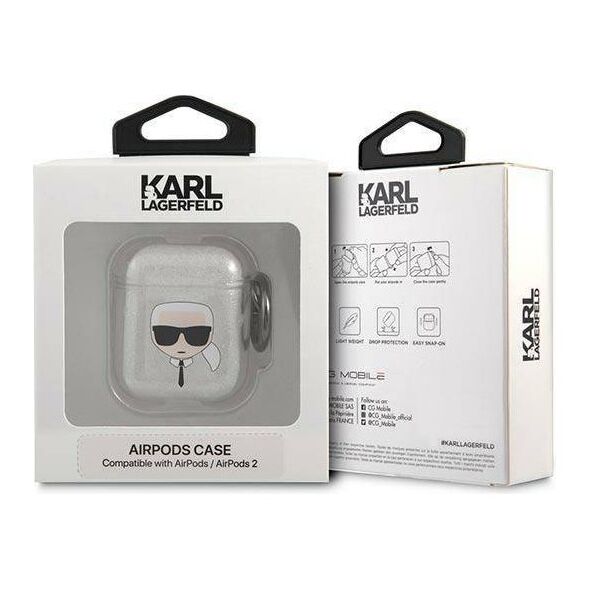 Original Case APPLE AIRPODS Karl Lagerfeld Cover Glitter Karl`s Head (KLA2UKHGS) silver 3666339030285