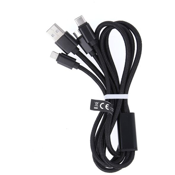 Maxlife 3in1 cable USB - Lightning + USB-C + microUSB 1,0 m 2,1A black nylon 5900495758200
