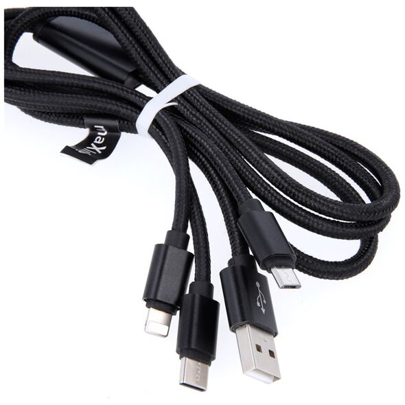 Maxlife 3in1 cable USB - Lightning + USB-C + microUSB 1,0 m 2,1A black nylon 5900495758200