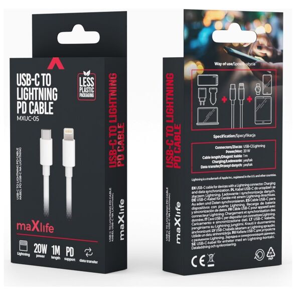 Maxlife MXUC-05 cable USB-C - Lightning 1,0 m 20W white 5900495916884